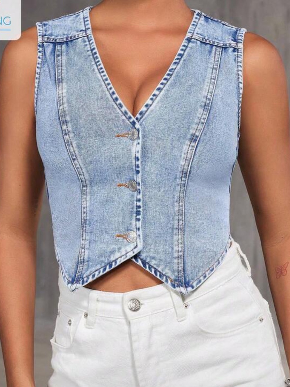 SHEIN Light Blue Denim V-Neck Button Front Crop Vest